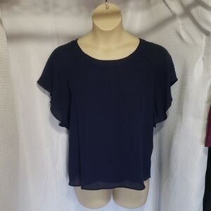 7th Avenue. Women's Navy Blue Top Flutter Short Sleeves. Rounded Neck.Size L